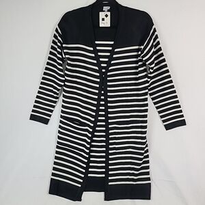 Cozy Co. by Cozy Casual Open Front Swift Stripe Pocket Cardigan Black White Sz S